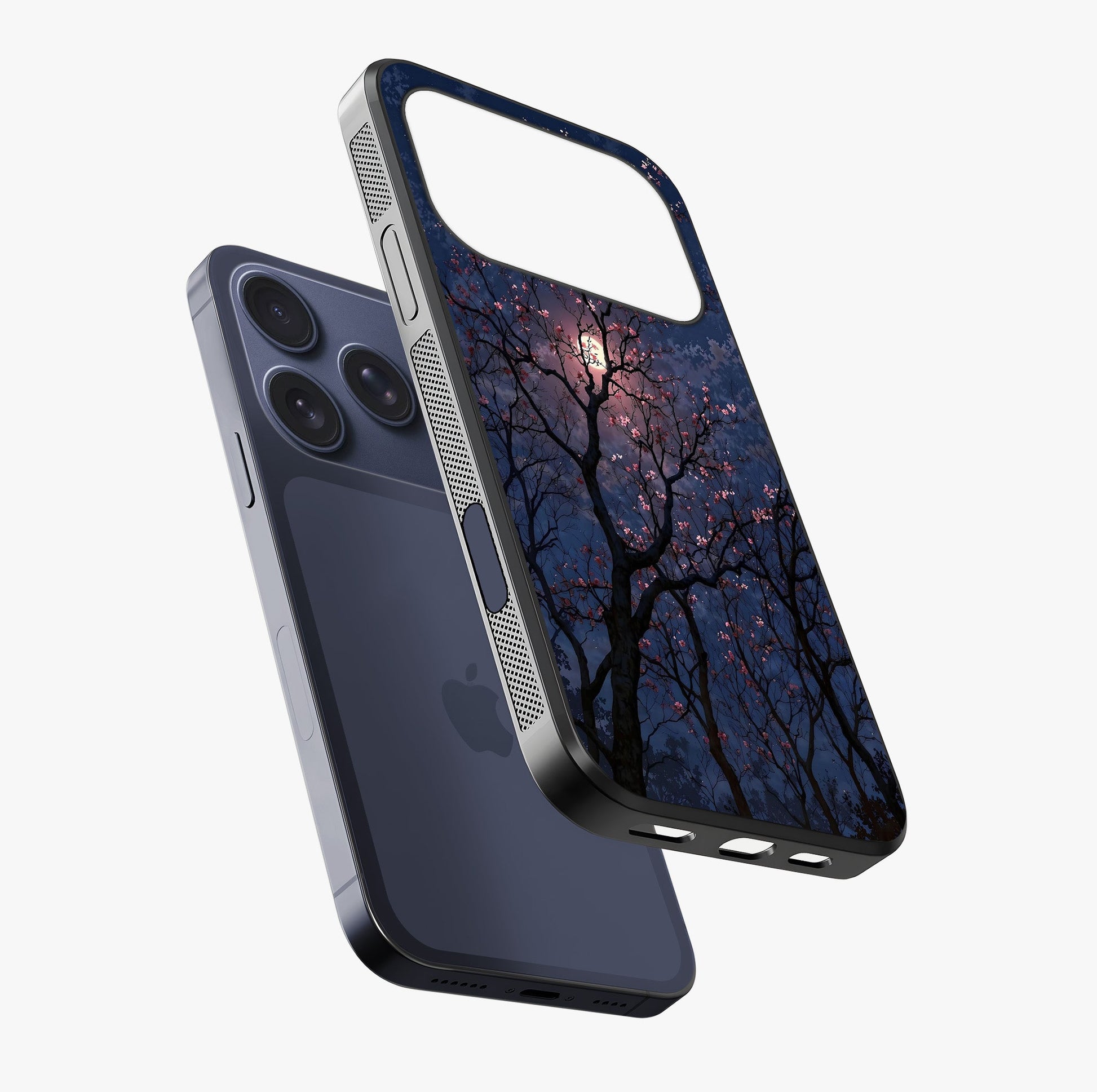 Twilight Sakura Serenade Glass Case laid diagonally highlighting side profile, edges and glossy glass shine.