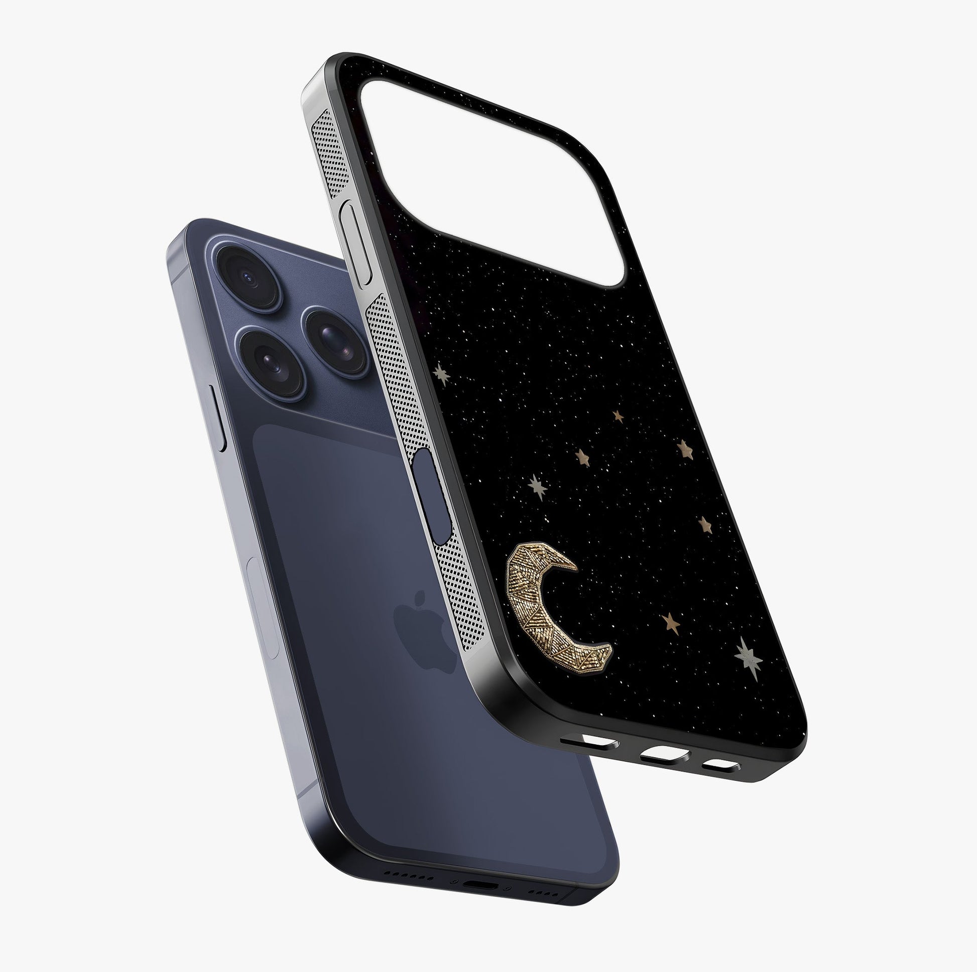 Twinkle Star With Half Moon Glass Case laid diagonally highlighting side profile, edges and glossy glass shine.