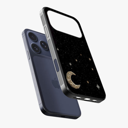 Twinkle Star With Half Moon Glass Case laid diagonally highlighting side profile, edges and glossy glass shine.