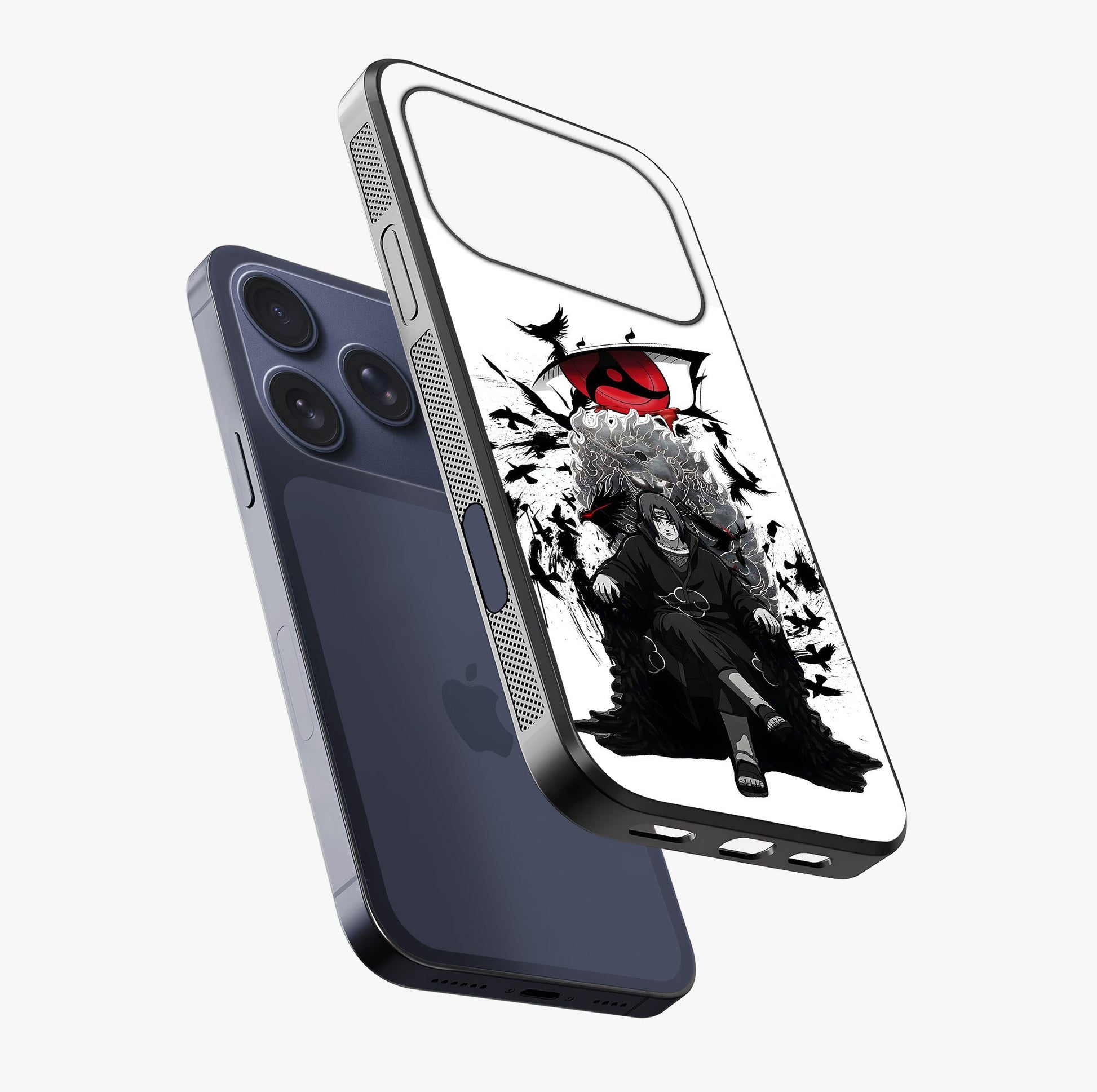Uchiha Shadow Throne Glass Case laid diagonally highlighting side profile, edges and glossy glass shine.