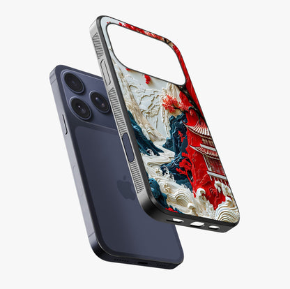 Whispers Of Sakura Waves Glass Case laid diagonally highlighting side profile, edges and glossy glass shine.