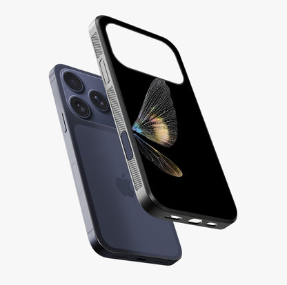 Whispers Of Wings Glass Case laid diagonally highlighting side profile, edges and glossy glass shine.