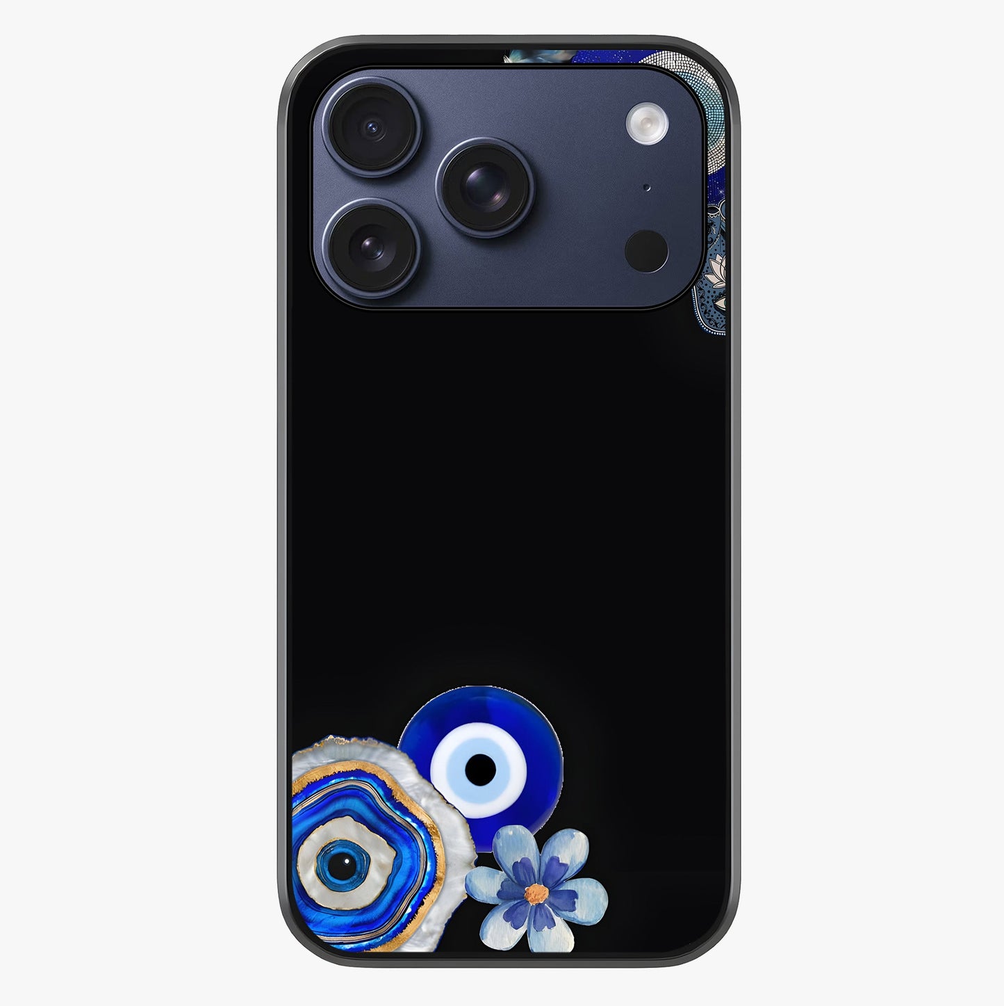 Aesthetic Blue Evil Eye Glass Case showing full back design in clean flat view with glossy glass finish.
