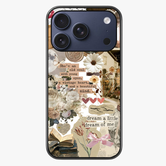 Aesthetic Brown Vintage Collage Glass Case showing full back design in clean flat view with glossy glass finish.