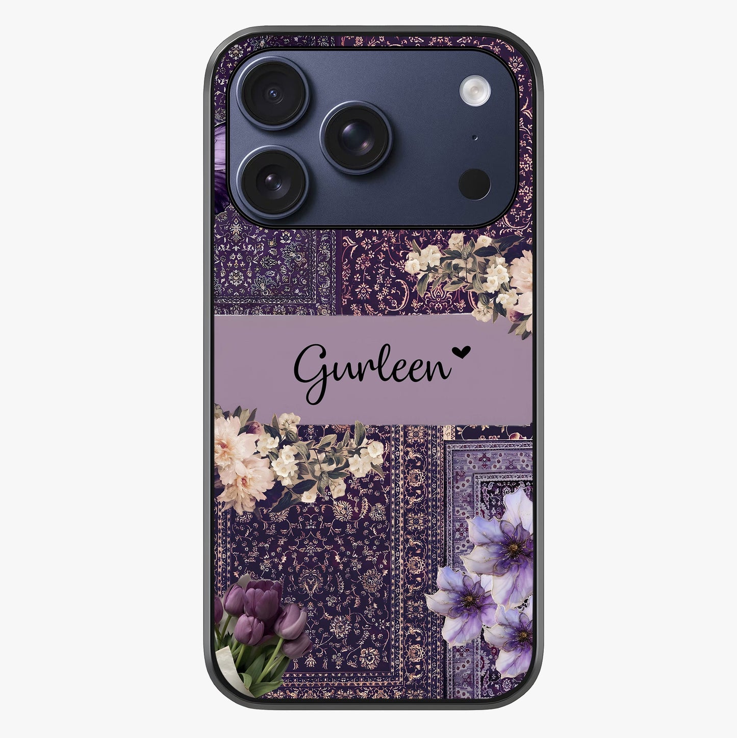 Antique Floral Whisper Custom Name Glass Case showing full back design in clean flat view with glossy glass finish.