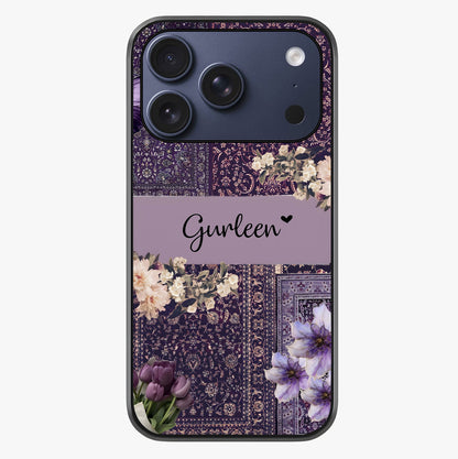 Antique Floral Whisper Custom Name Glass Case showing full back design in clean flat view with glossy glass finish.
