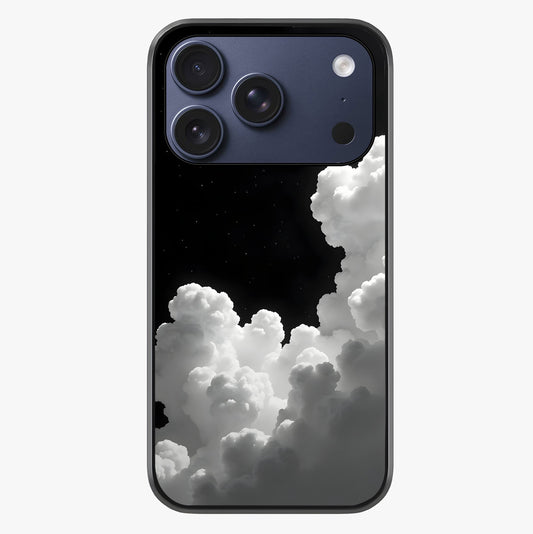 Black Background With White Cloud Glass Case showing full back design in clean flat view with glossy glass finish.