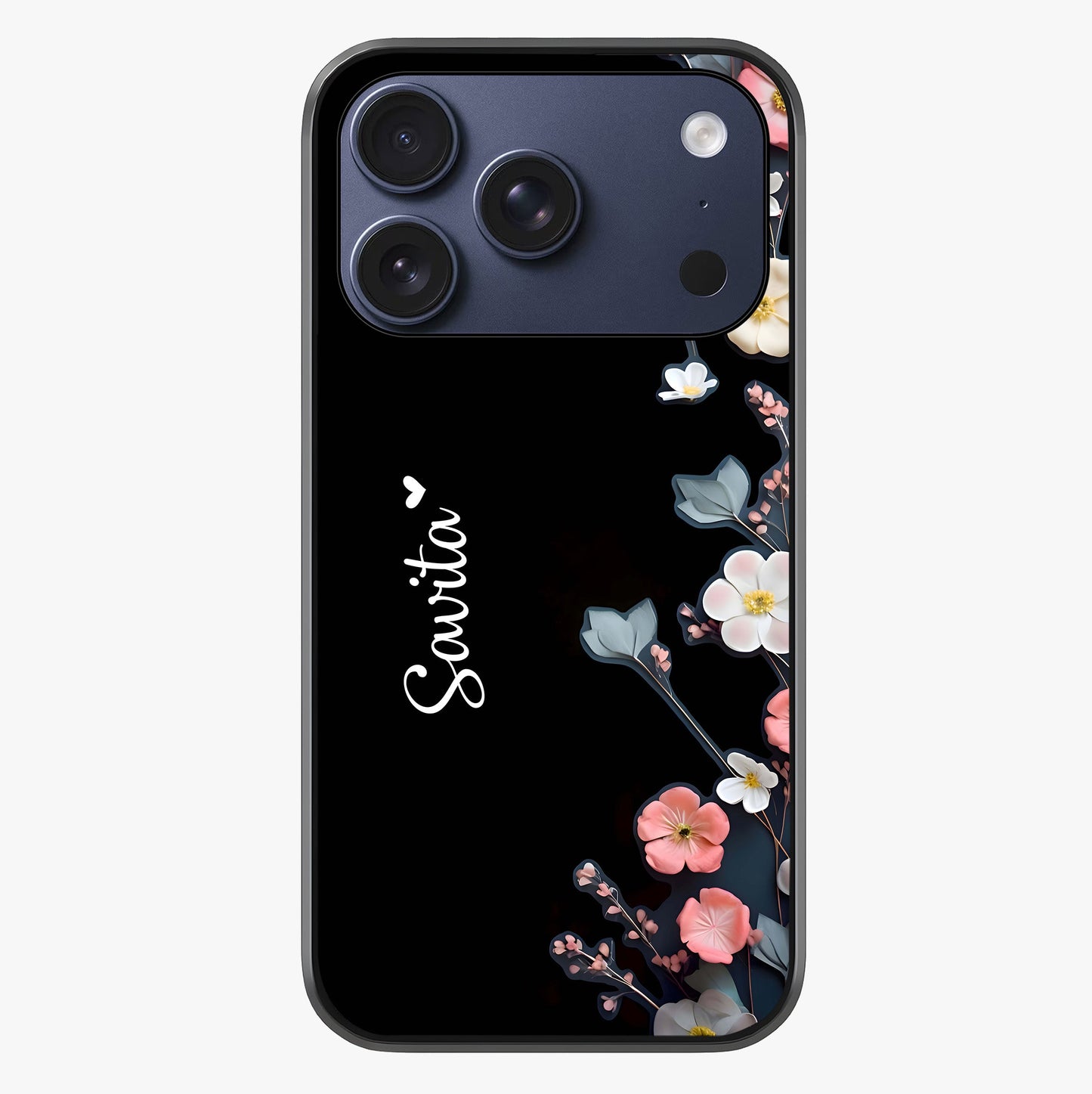 Black Elegance Floral Custom Name Glass Case showing full back design in clean flat view with glossy glass finish.