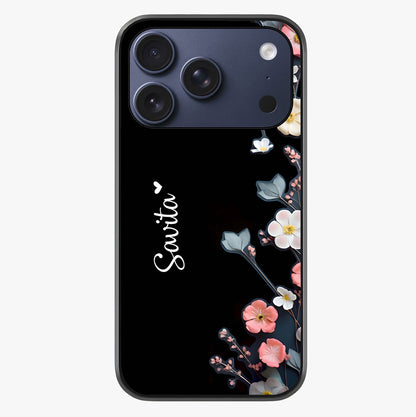 Black Elegance Floral Custom Name Glass Case showing full back design in clean flat view with glossy glass finish.