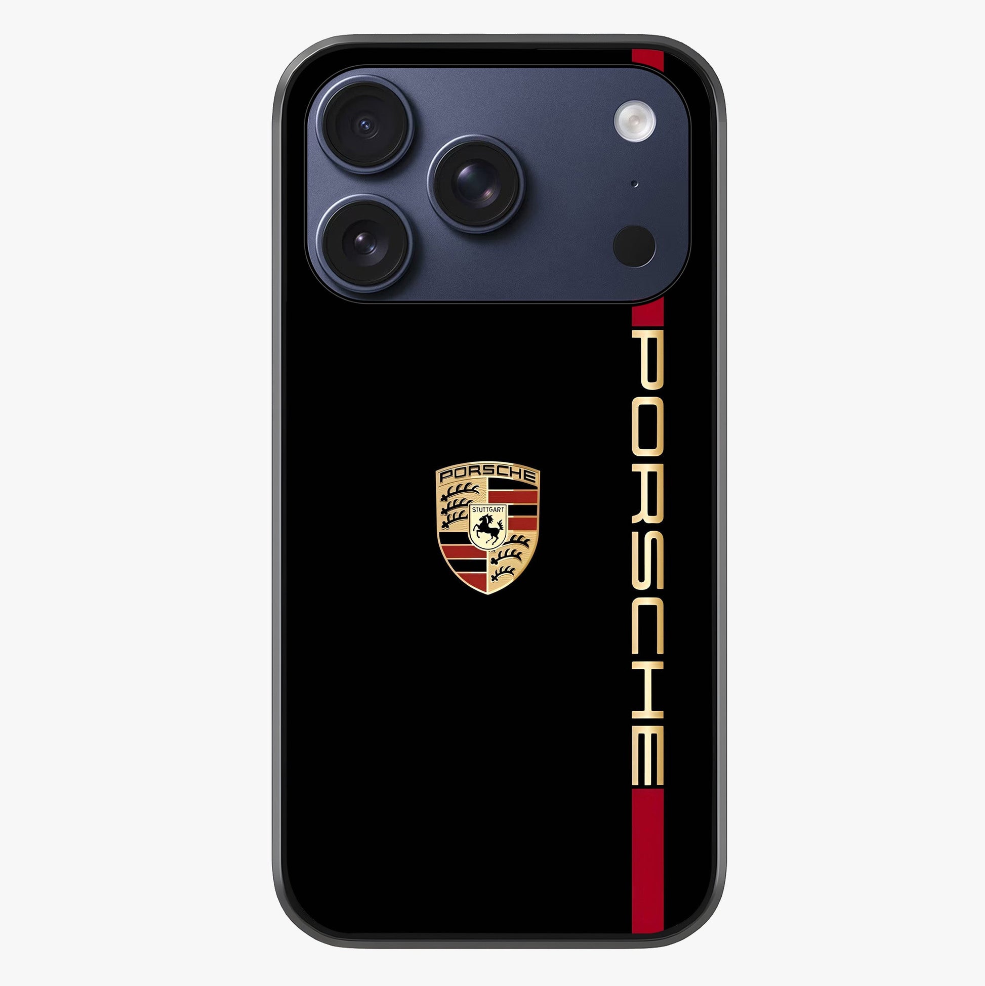 Black Minimal Porsche Glass Case showing full back design in clean flat view with glossy glass finish.