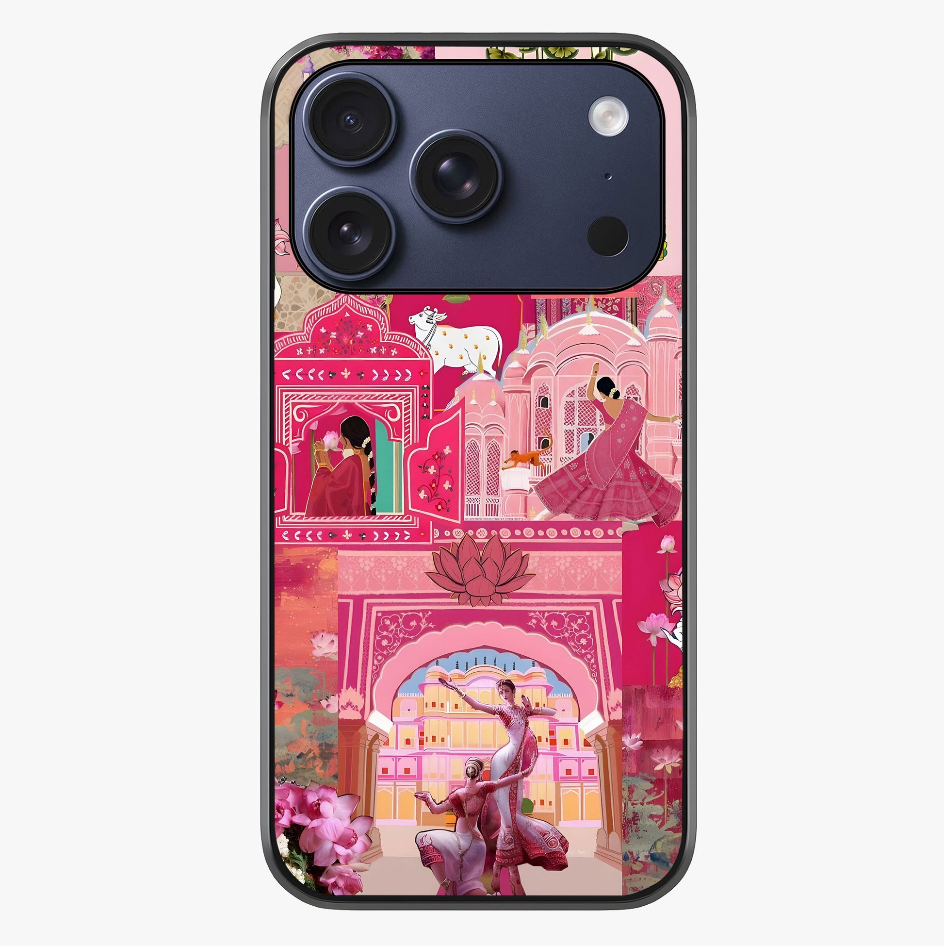 Blossoms Of Rajasthan Glass Case showing full back design in clean flat view with glossy glass finish.