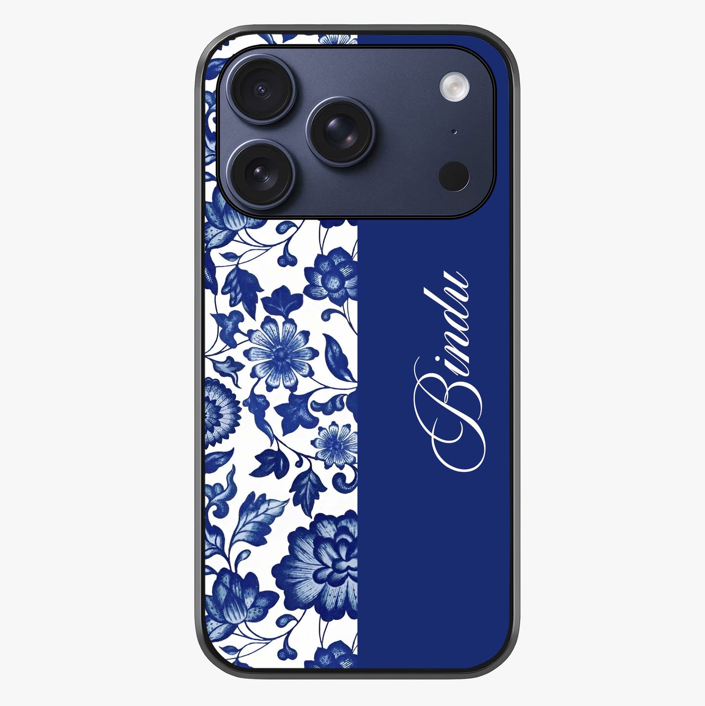 Blue Vintage Floral Pattern Glass Case showing full back design in clean flat view with glossy glass finish.
