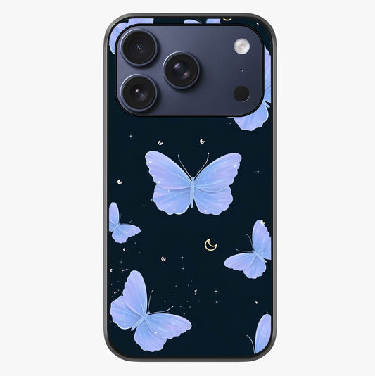 Butterfly With Stars Pattern Glass Case showing full back design in clean flat view with glossy glass finish.