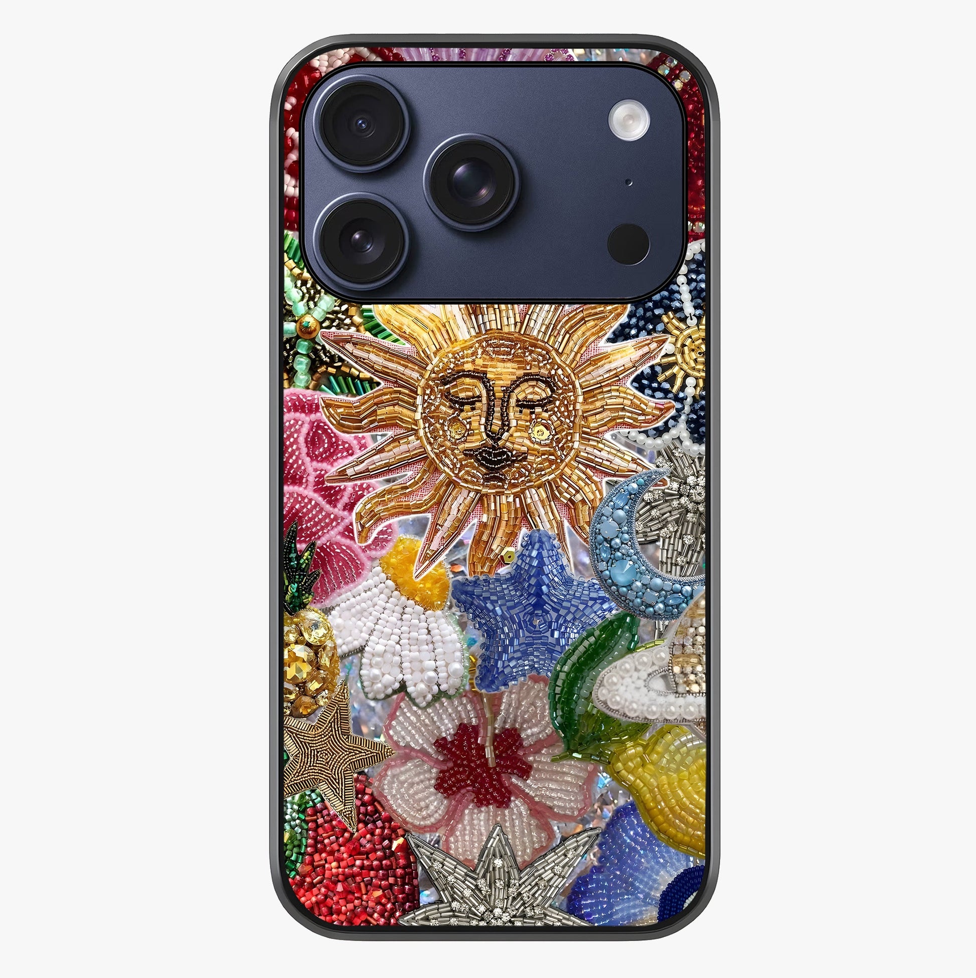 Celestial Floral And Playful Glass Case showing full back design in clean flat view with glossy glass finish.