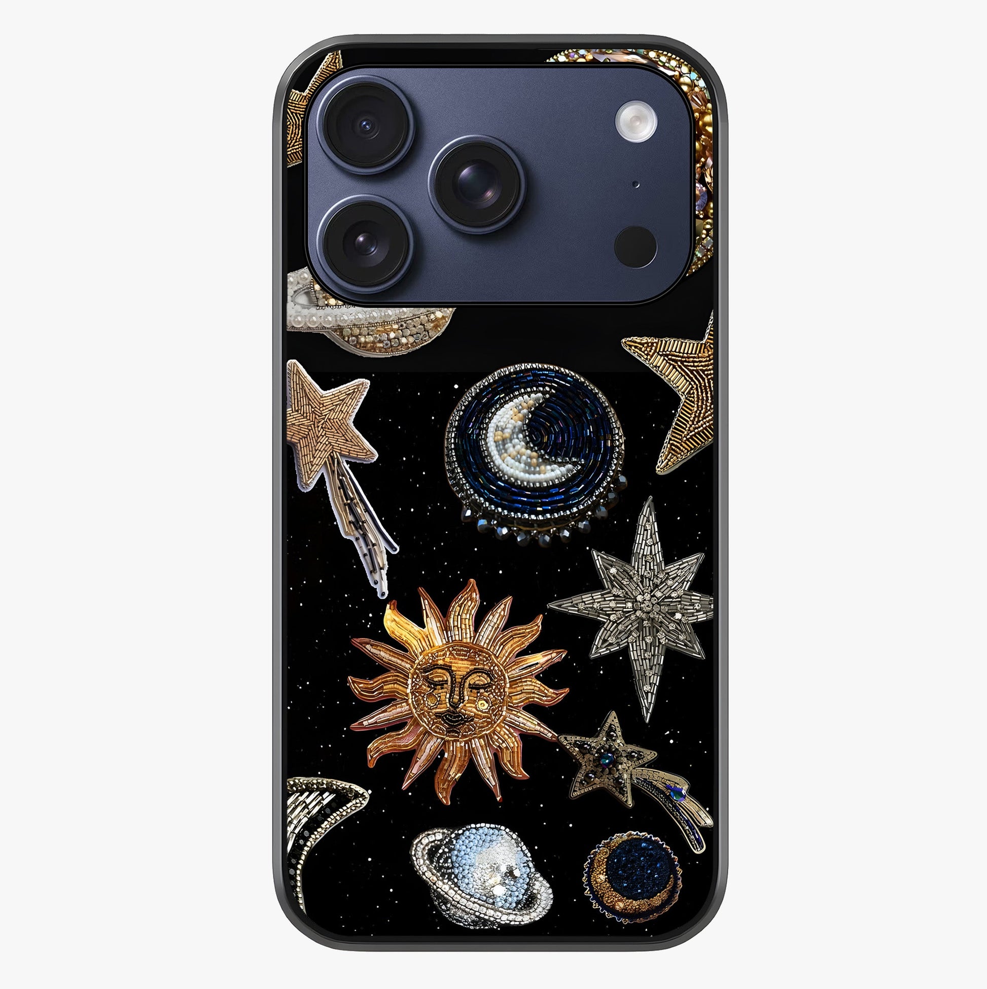 Celestial Gem Constellations Glass Case showing full back design in clean flat view with glossy glass finish.