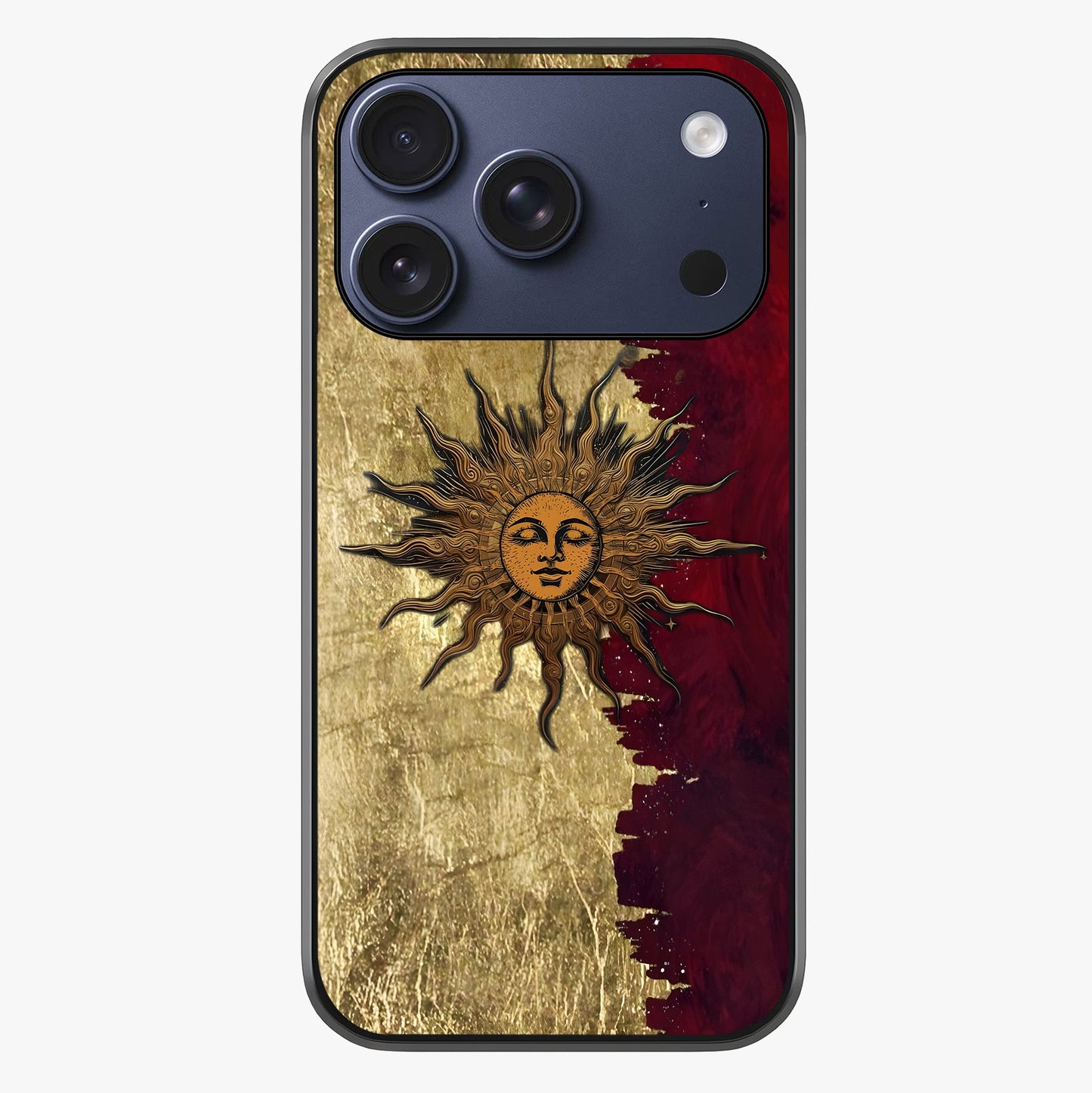 Crimson Sun Majesty Glass Case showing full back design in clean flat view with glossy glass finish.