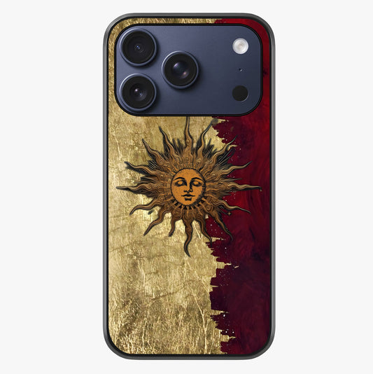Crimson Sun Majesty Glass Case showing full back design in clean flat view with glossy glass finish.