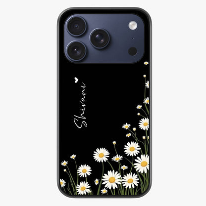 Daisy Cascade Custom Name Glass Case showing full back design in clean flat view with glossy glass finish.