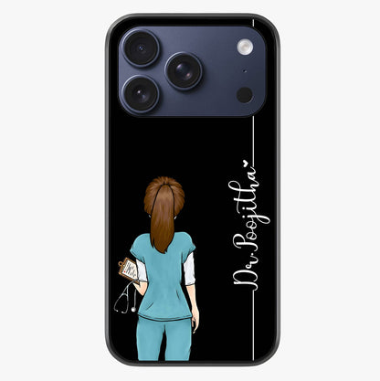Doctor Pattern Custom Name Glass Case showing full back design in clean flat view with glossy glass finish.