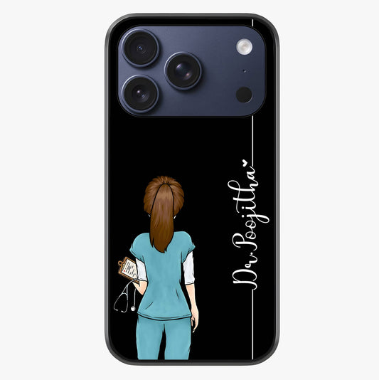 Doctor Pattern Custom Name Glass Case showing full back design in clean flat view with glossy glass finish.