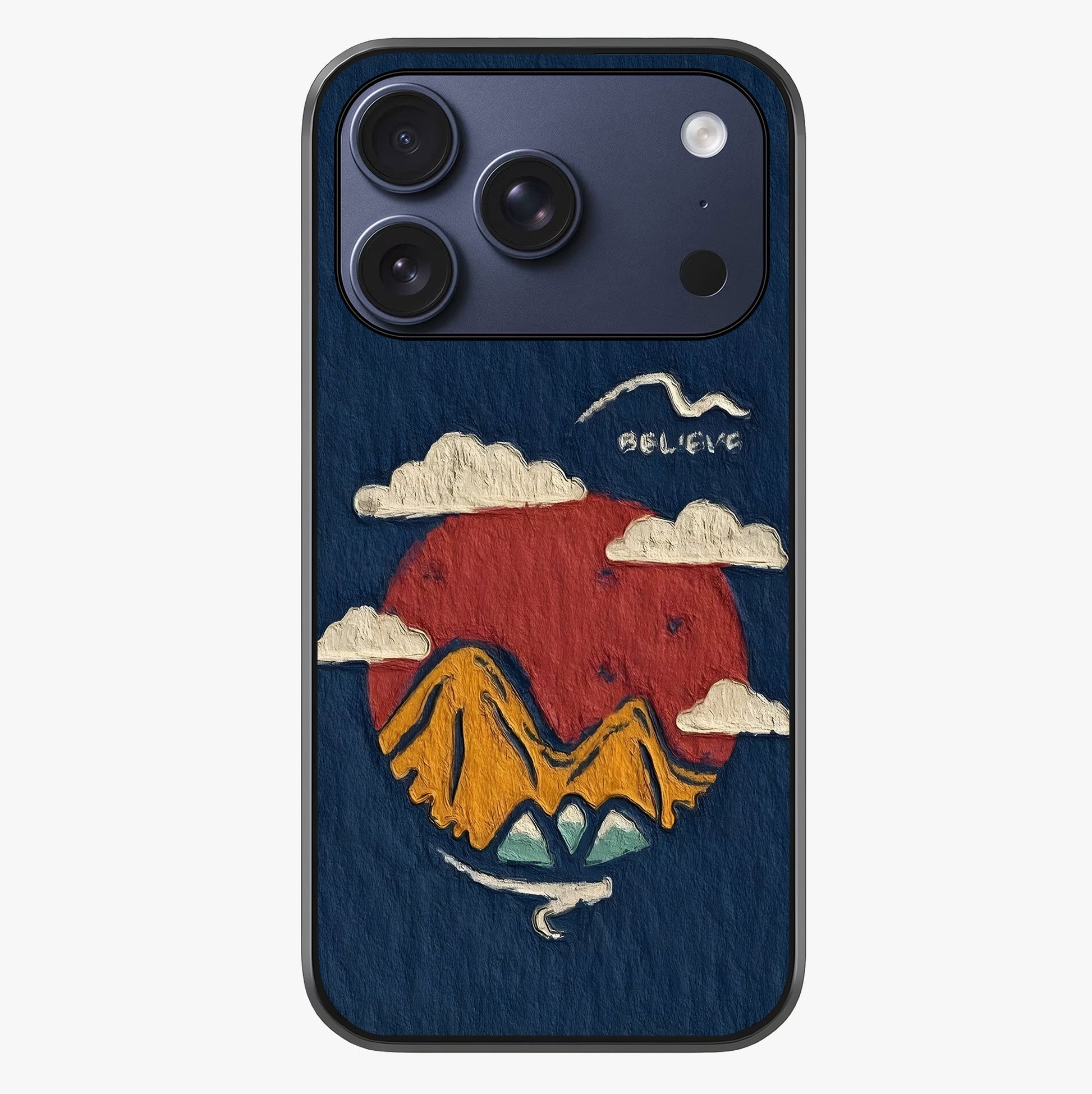 Dream Beyond Mountains Glass Case showing full back design in clean flat view with glossy glass finish.