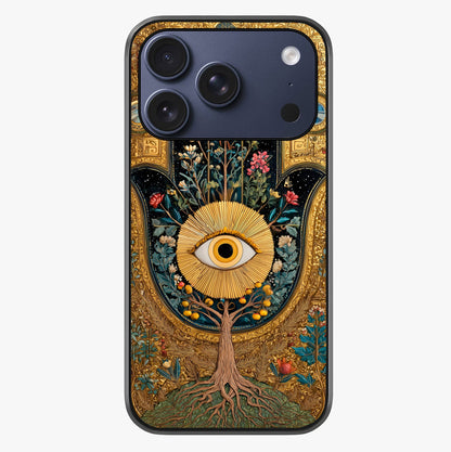 Ethereal Evil Eye Glass Case showing full back design in clean flat view with glossy glass finish.