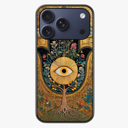 Ethereal Evil Eye Glass Case showing full back design in clean flat view with glossy glass finish.