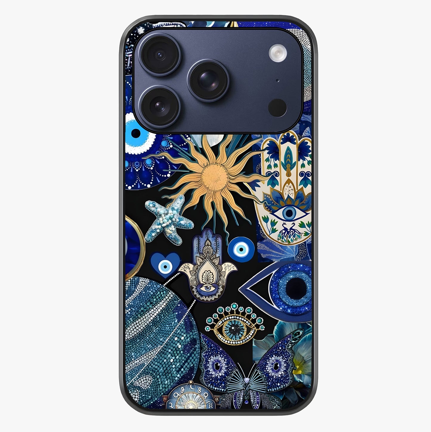 Evil Eye Charm Mix Glass Case showing full back design in clean flat view with glossy glass finish.
