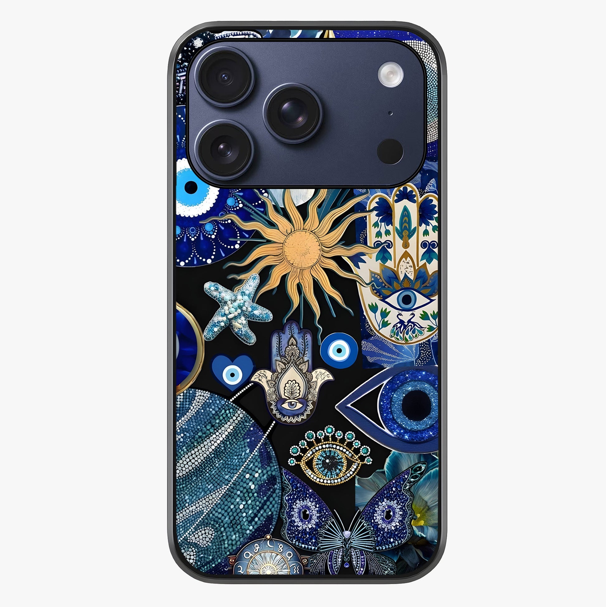 Evil Eye Charm Mix Glass Case showing full back design in clean flat view with glossy glass finish.