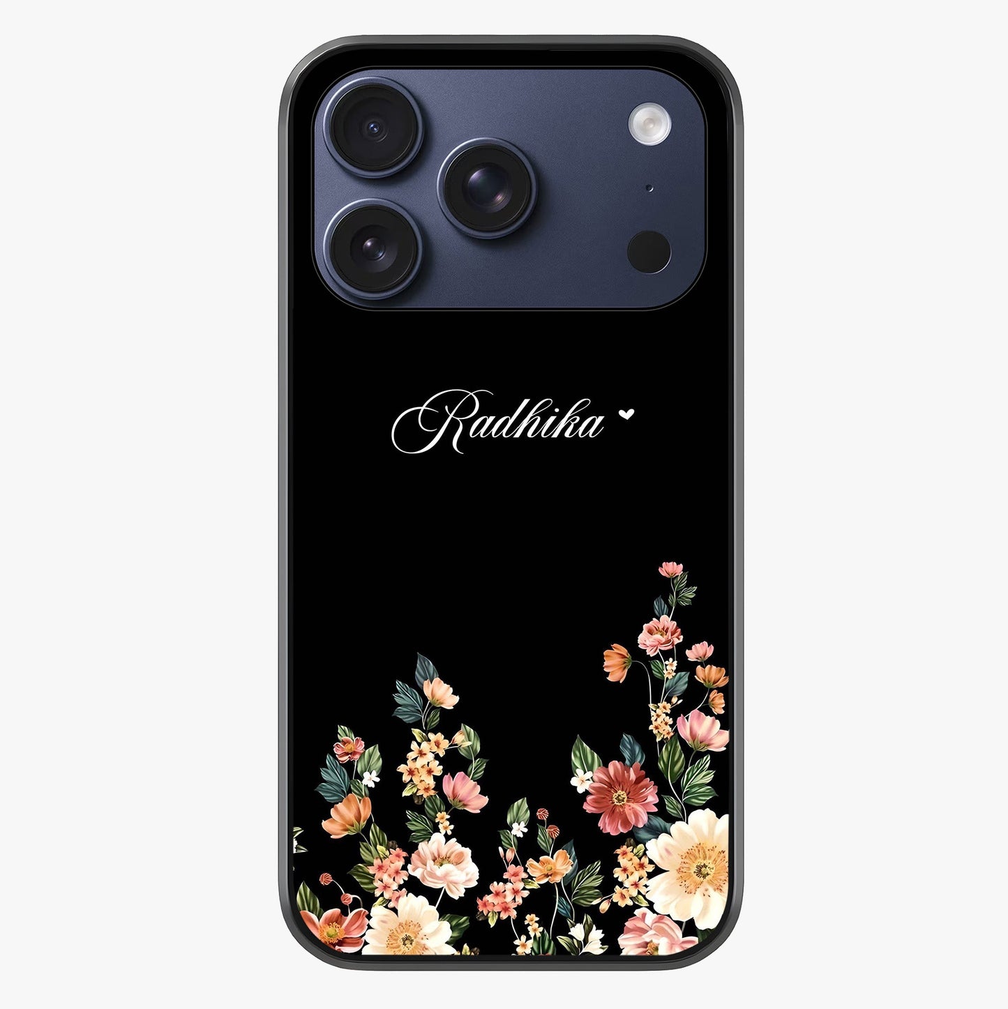 Floral Design With A Custom Personalized Name Glass Case showing full back design in clean flat view with glossy glass finish.