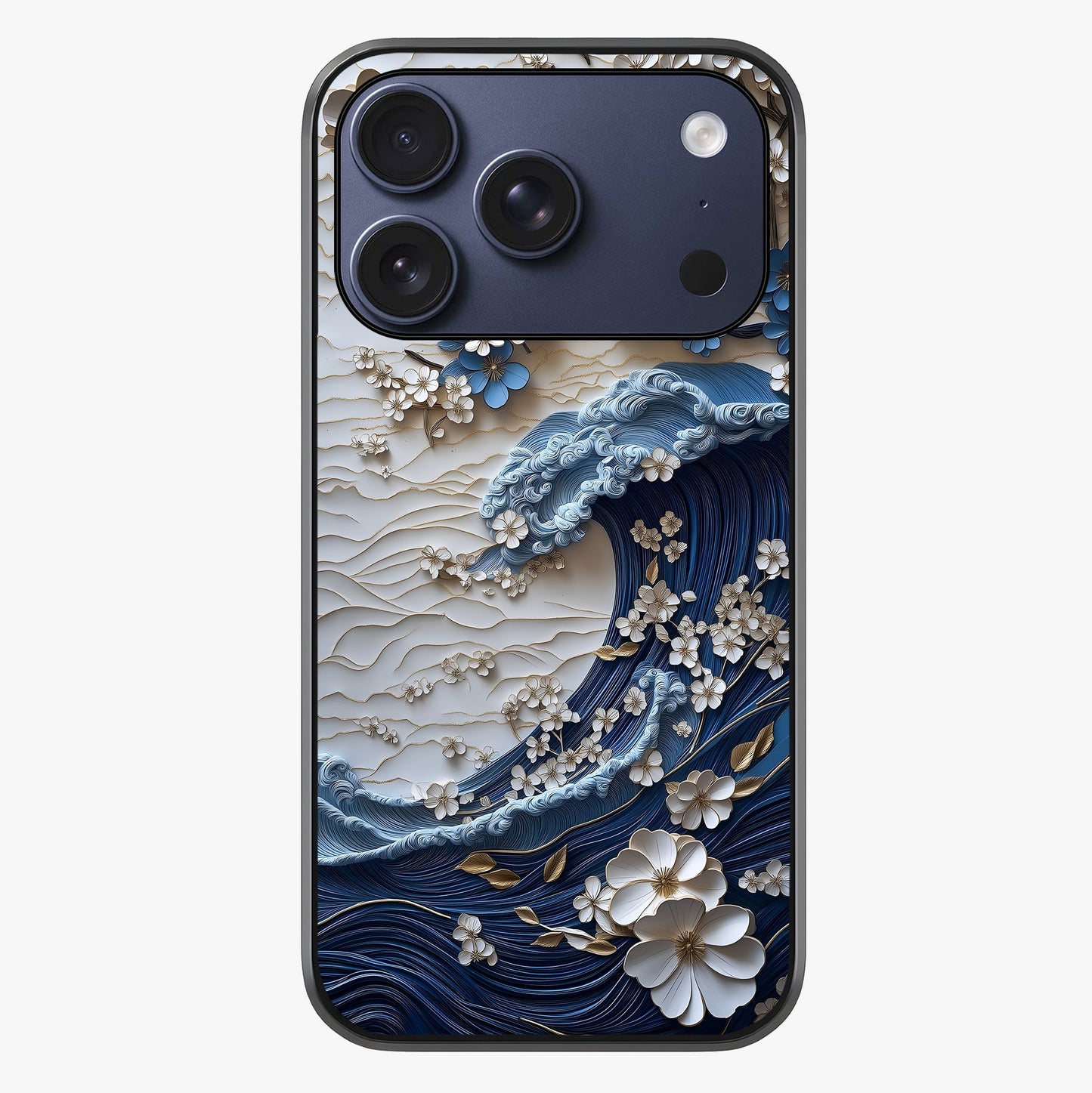 Floral Wave Origami Glass Case showing full back design in clean flat view with glossy glass finish.