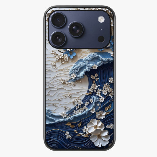 Floral Wave Origami Glass Case showing full back design in clean flat view with glossy glass finish.