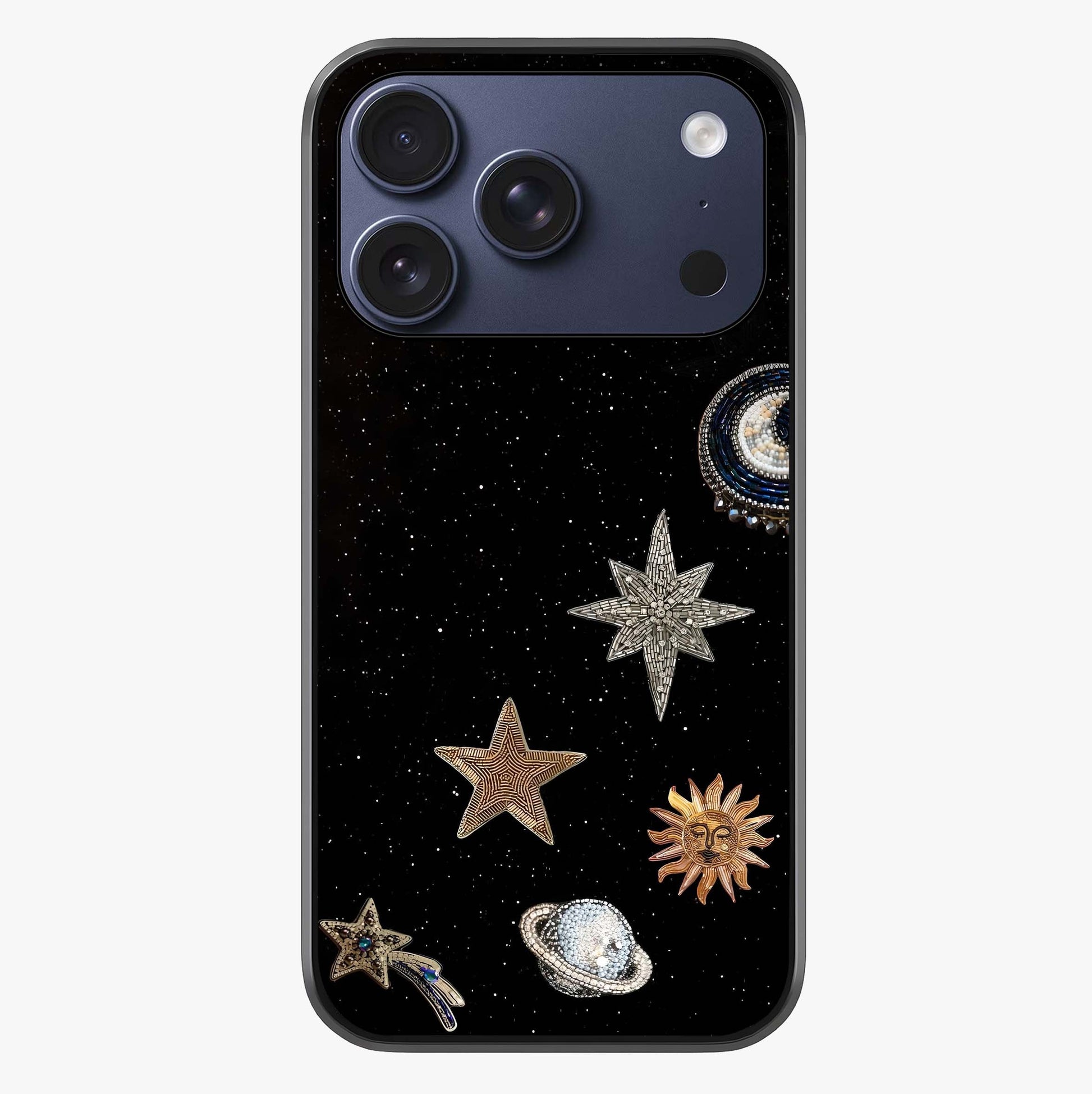 Galactic Charm Glow Glass Case showing full back design in clean flat view with glossy glass finish.
