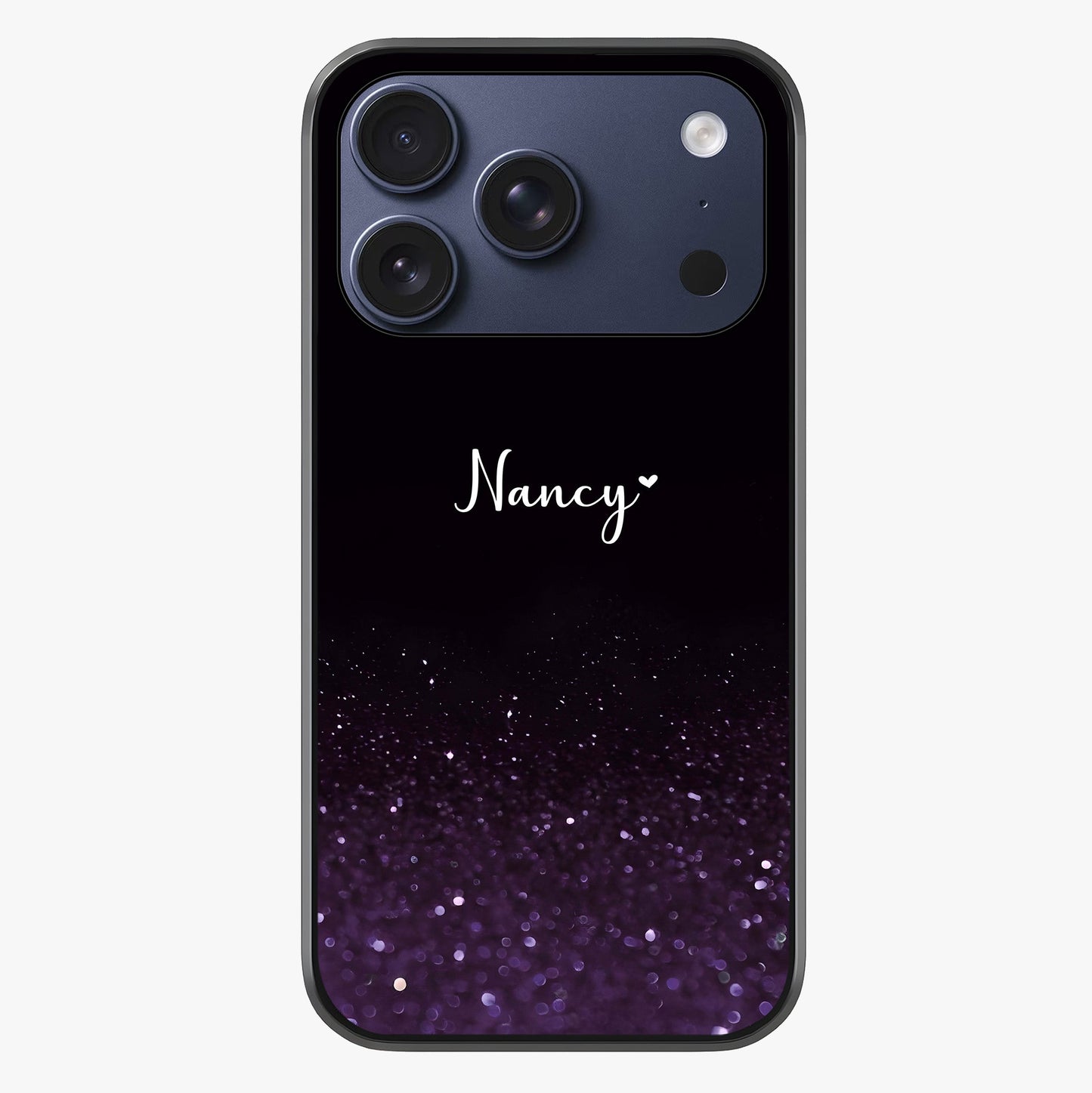 Glittery Purple Bokeh Custom Name Glass Case showing full back design in clean flat view with glossy glass finish.