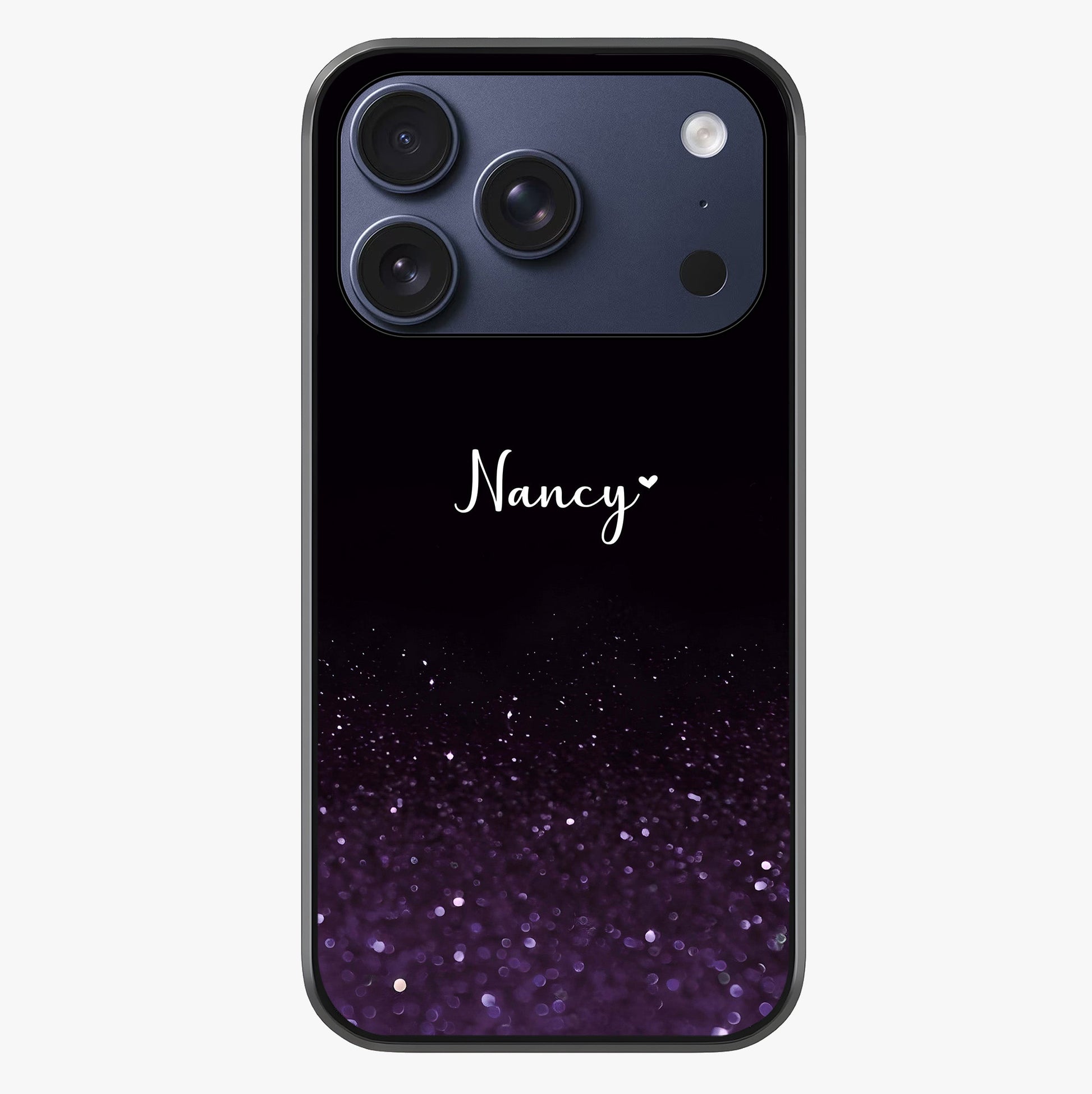 Glittery Purple Bokeh Custom Name Glass Case showing full back design in clean flat view with glossy glass finish.