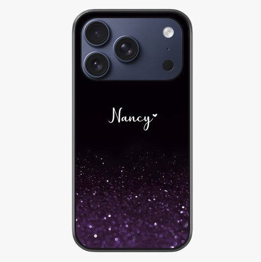 Glittery Purple Bokeh Custom Name Glass Case showing full back design in clean flat view with glossy glass finish.