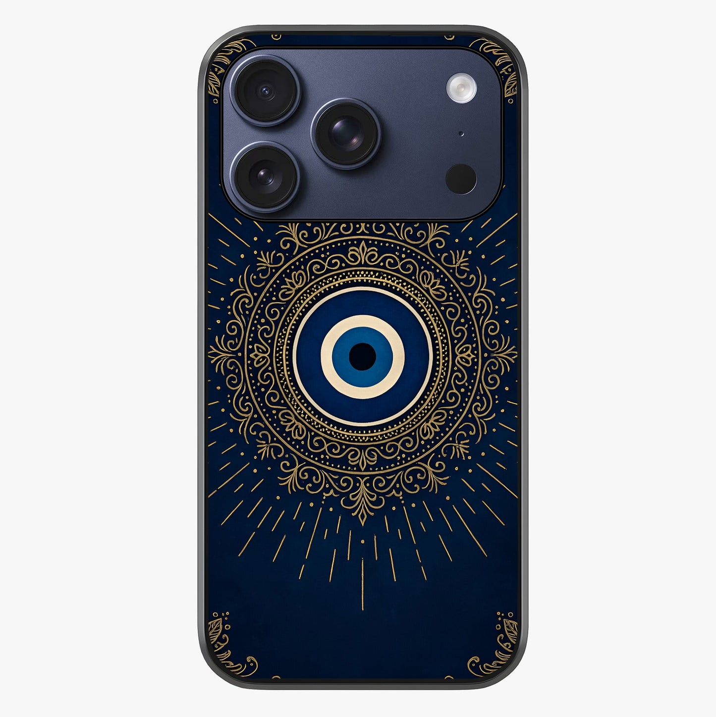 Golden Evil Eye Mandala Glass Case showing full back design in clean flat view with glossy glass finish.