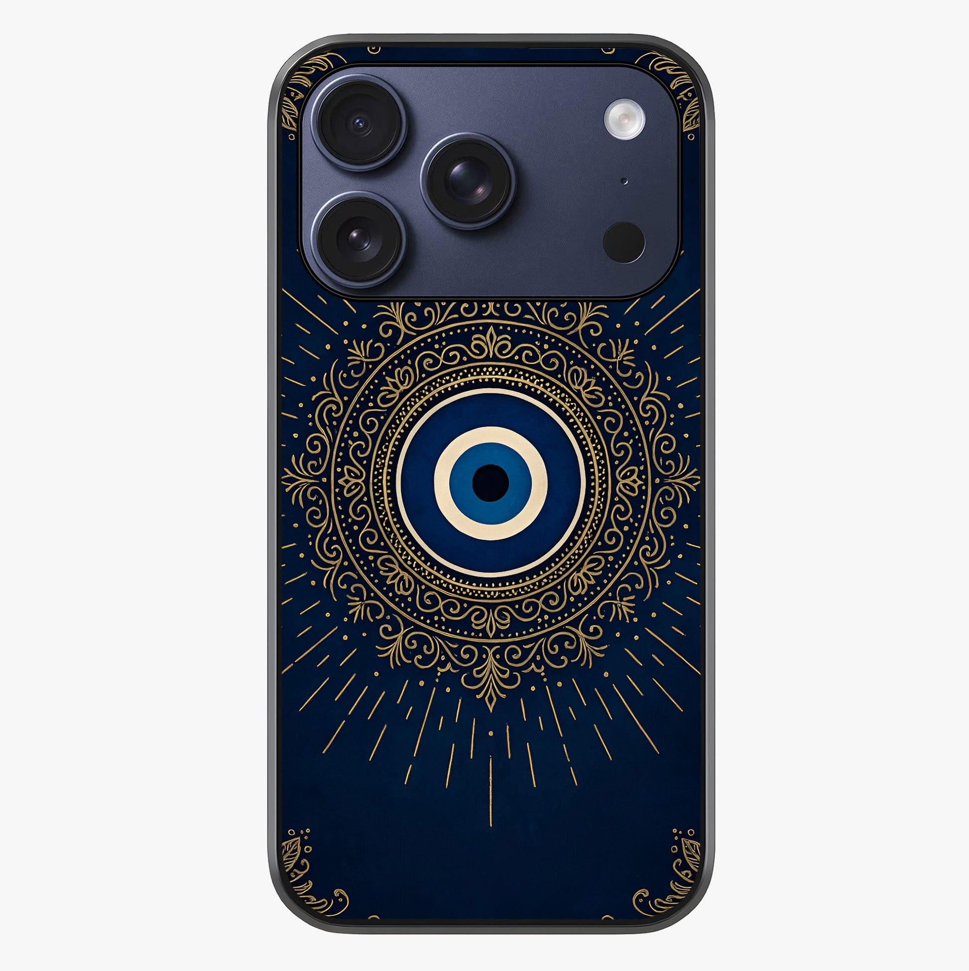 Golden Evil Eye Mandala Glass Case showing full back design in clean flat view with glossy glass finish.