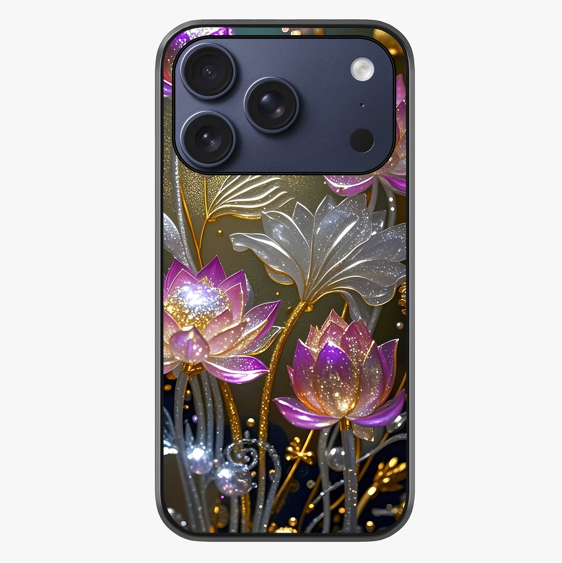 Golden Lotus Glow Glass Case showing full back design in clean flat view with glossy glass finish.
