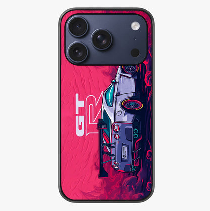 GT R Car Pattern Glass Case showing full back design in clean flat view with glossy glass finish.
