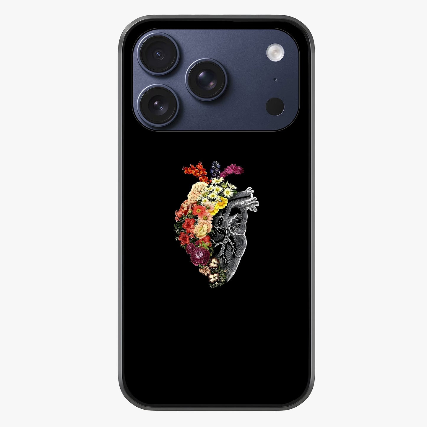 Heart With Flowers Glass Case showing full back design in clean flat view with glossy glass finish.