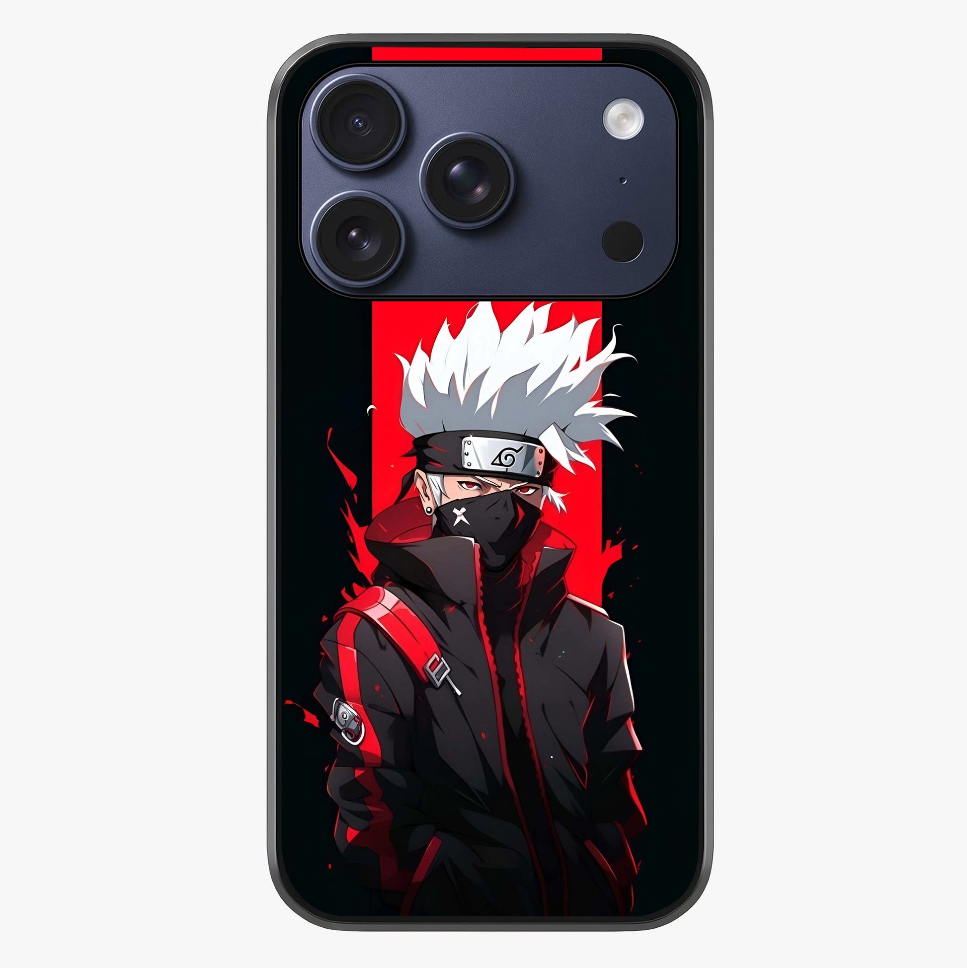 Kakashi Scarlet Shadow Glass Case showing full back design in clean flat view with glossy glass finish.