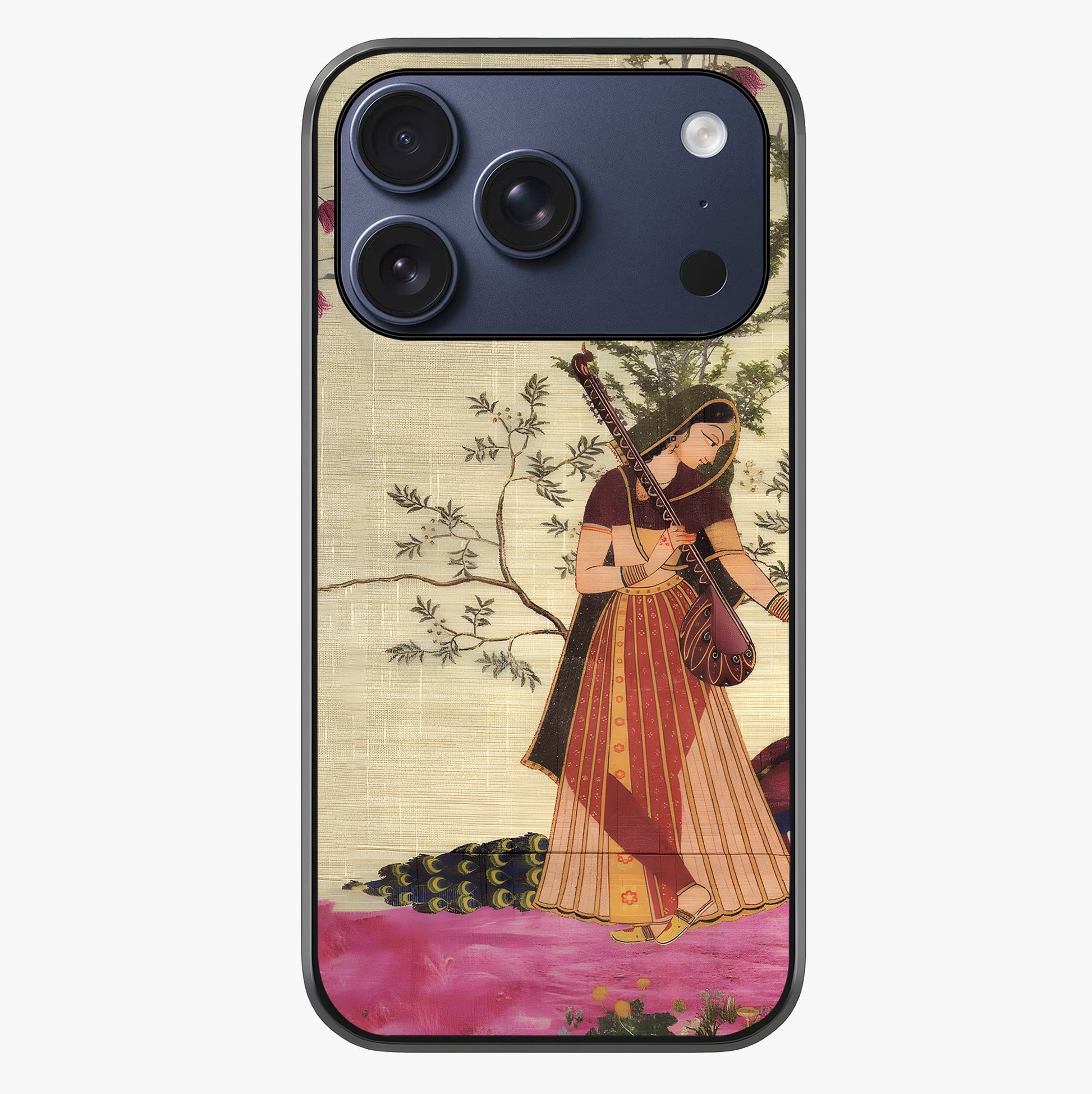 Lady With Veena Art Glass Case showing full back design in clean flat view with glossy glass finish.