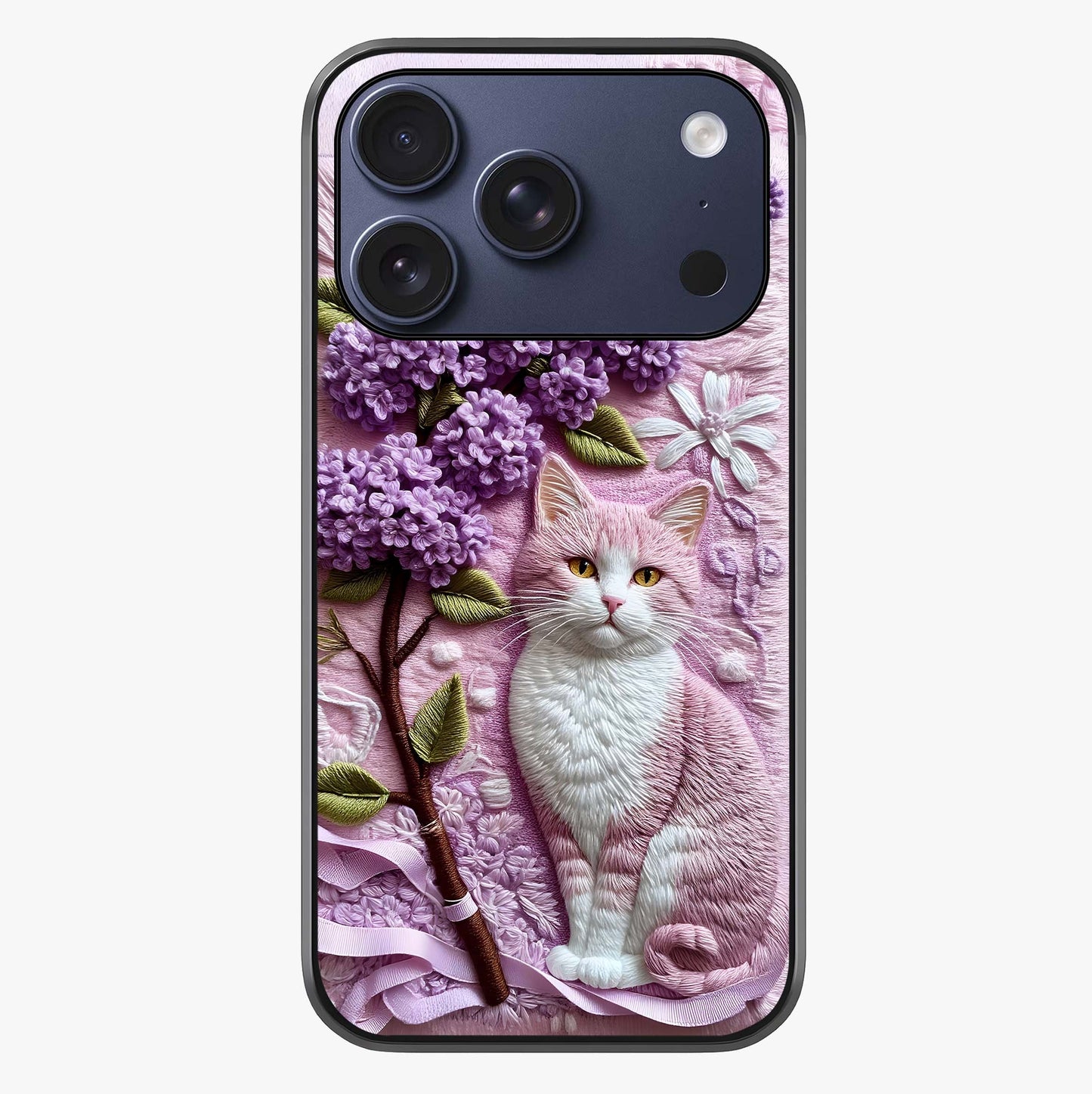 Lavender Cat Whimsy Glass Case showing full back design in clean flat view with glossy glass finish.