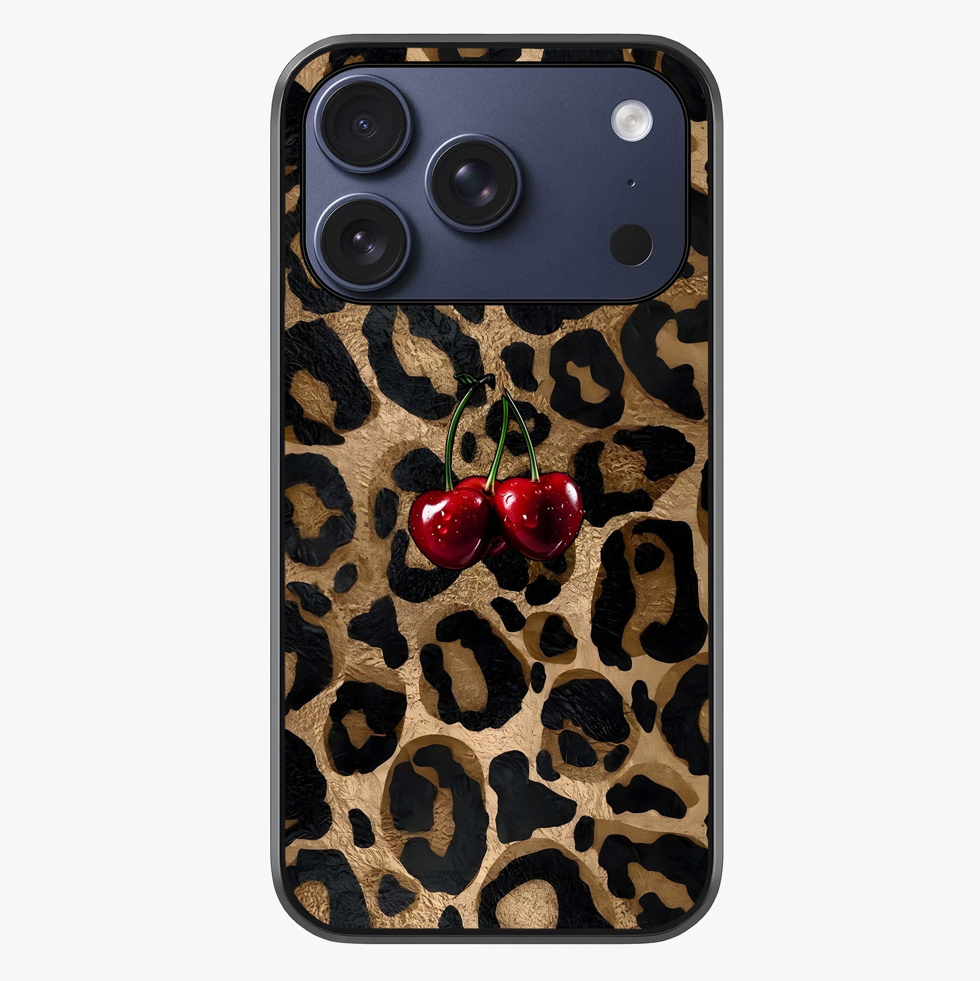 Leopard Wild Cherry Glass Case showing full back design in clean flat view with glossy glass finish.