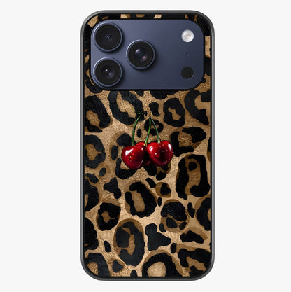 Leopard Wild Cherry Glass Case showing full back design in clean flat view with glossy glass finish.