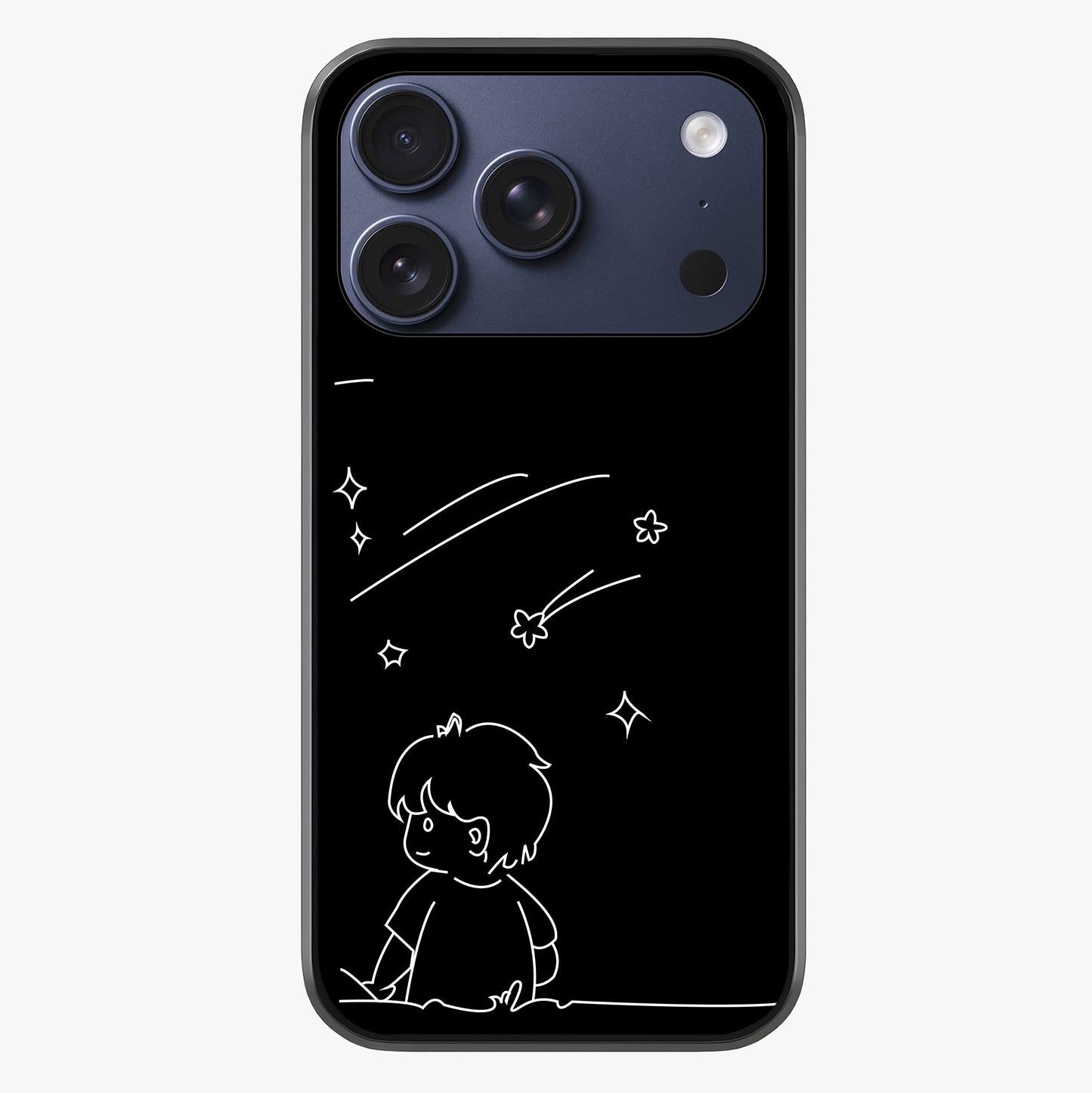 Line Art Boy With Shooting Stars Glass Case showing full back design in clean flat view with glossy glass finish.