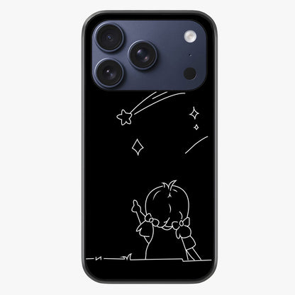 Line Art Girl With Shooting Stars Glass Case showing full back design in clean flat view with glossy glass finish.