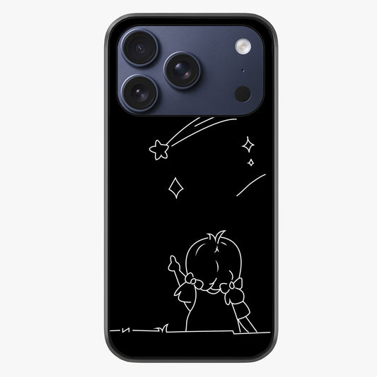 Line Art Girl With Shooting Stars Glass Case showing full back design in clean flat view with glossy glass finish.