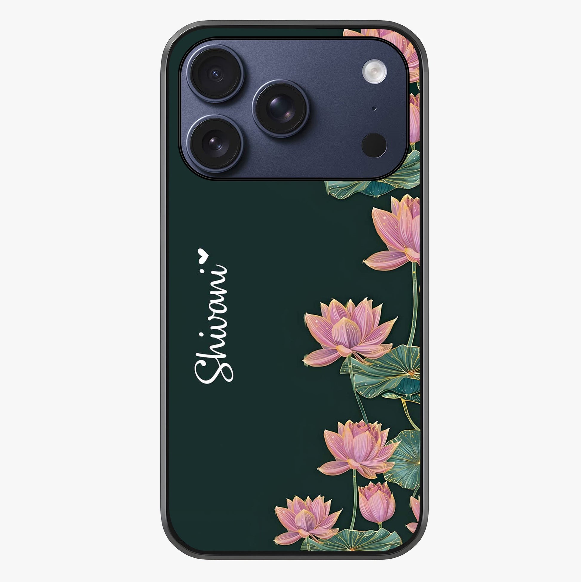 Lotus Bloom Serenity Custom Name Glass Case showing full back design in clean flat view with glossy glass finish.